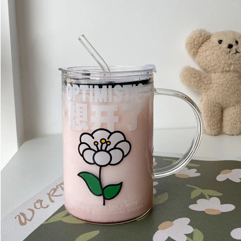 YOUMIKA  -  1000ml Glass Cups With Lid  And Straw Drinkware Cute Coffee Mugs Big Glasses For Drinks Water Tea  Korean Milk Juice Beer Cup