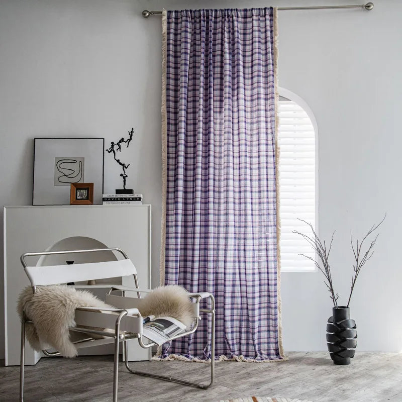 YOUMIKA  - Purple Girds Design Curtain with Green Tassel, Semi Blackout Blind Divider, Bohemian Window, Living Room and Bedroom Decor