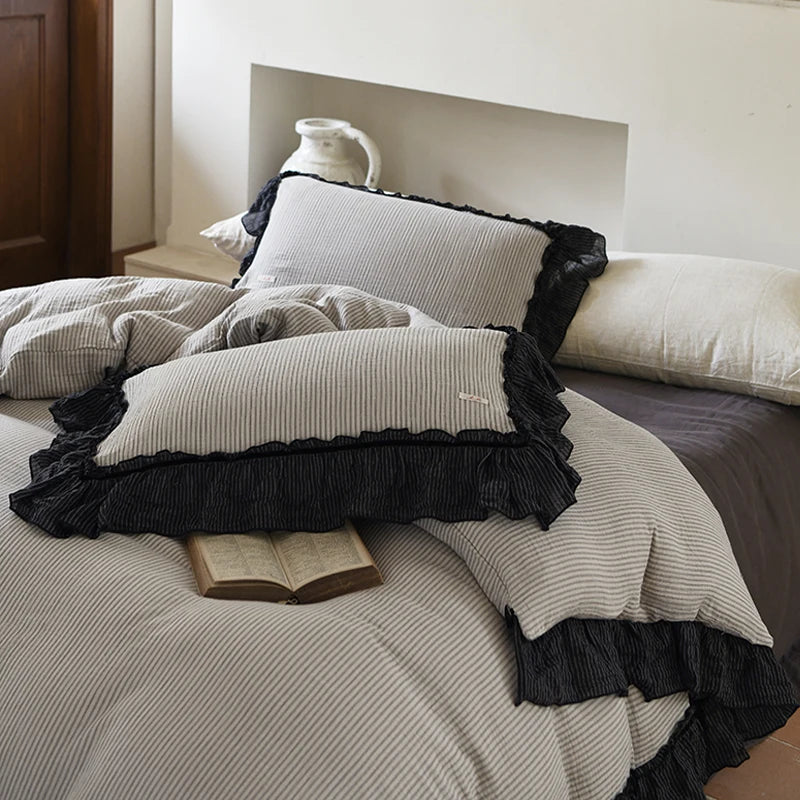 YOUMIKA  -  American Retro Fresh Cotton Double Layer Yarn Bedding Set Four Pieces Pastoral Pure Cotton with Black Ruffled Edge Duvet Covers