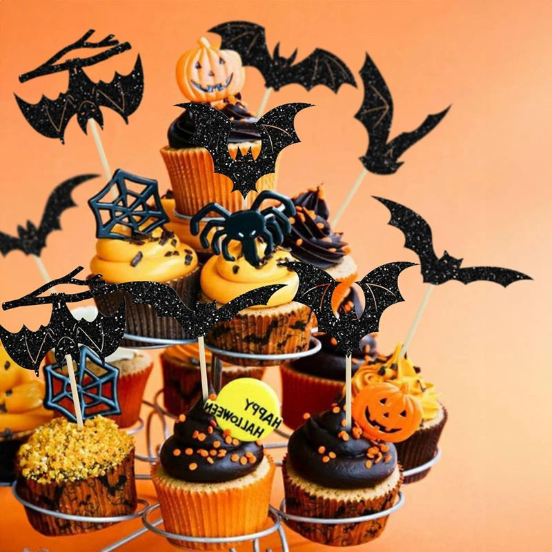 YOUMIKA  -  12/24Pcs Halloween Bat Cupcake Topper Black Glitter Bat Cupcake Picks for Kids Halloween Birthday Party Cake Decoration Supplies