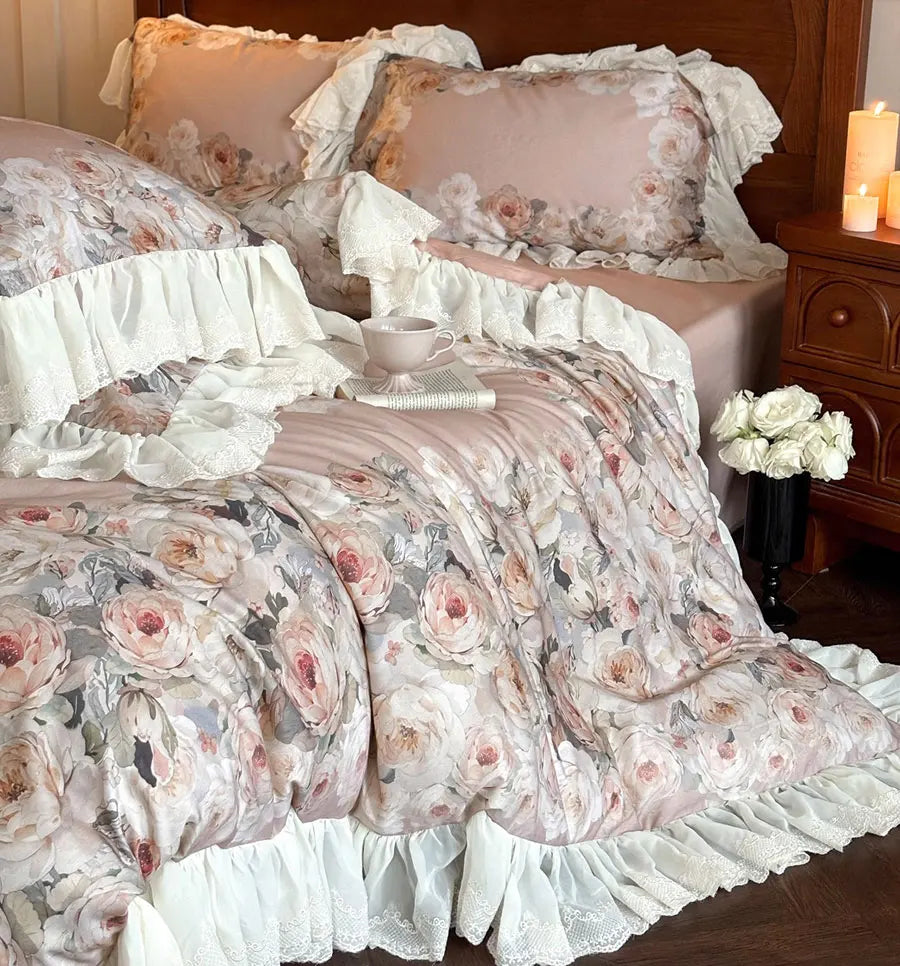 YOUMIKA  -  Vintage french flower bedding set,full queen king retro fairyfair ruffled green home textile bed sheet pillow case quilt cover