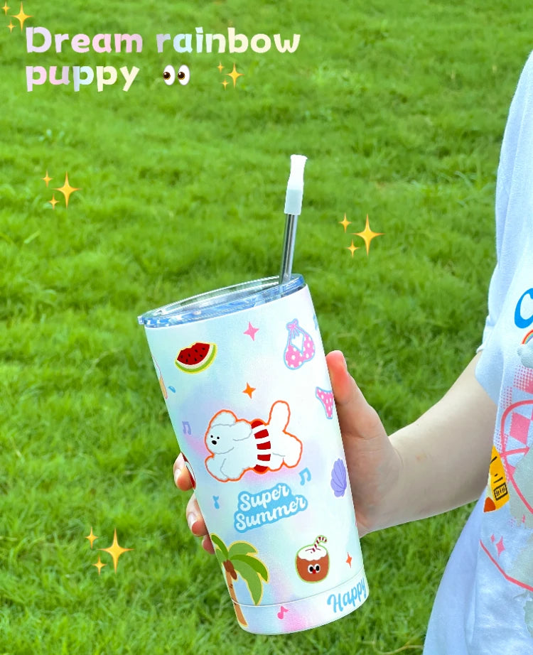 YOUMIKA  -  Dreamy Rainbow Puppy Large Capacity 304 Stainless Steel Direct Drinking Mouth Straw Insulated Cup Cartoon Cold Insulation