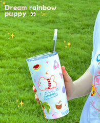 YOUMIKA  -  Dreamy Rainbow Puppy Large Capacity 304 Stainless Steel Direct Drinking Mouth Straw Insulated Cup Cartoon Cold Insulation