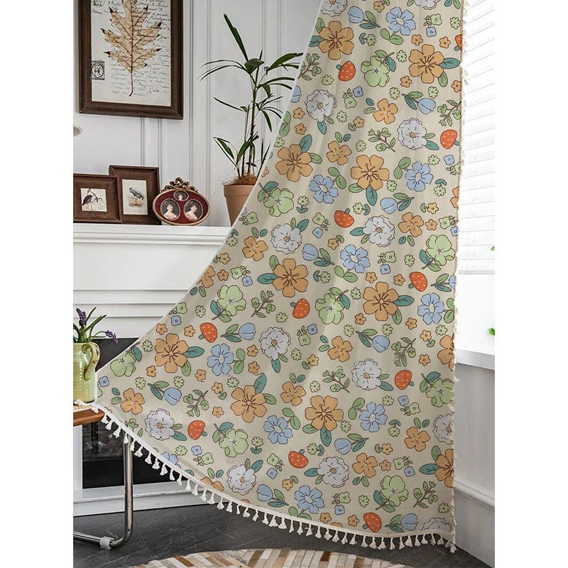 YOUMIKA  -  Cotton Cartoon Flower Curtains, Rural and Pastoral Style Curtain with Broom Tassels, Bedroom and Living Room