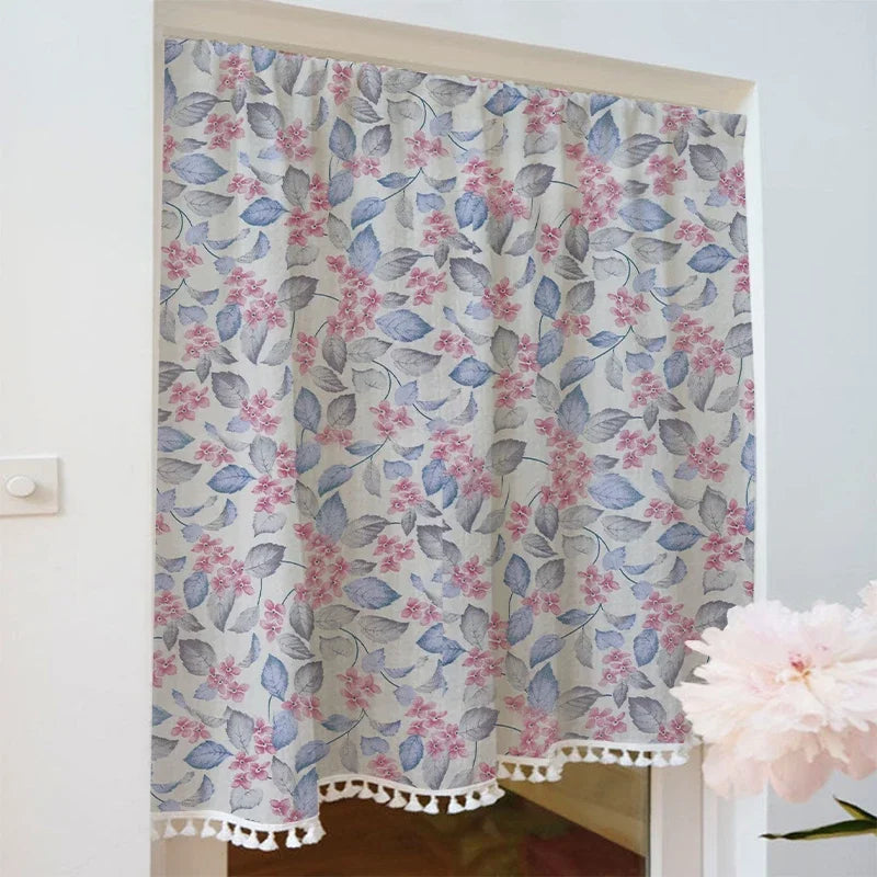 YOUMIKA  -  Retro Style Semi-Blackout Windows Curtains Pink Flower Cotton Curtain With Tassels Trims For Dining Living Dining Rooms Bedroom