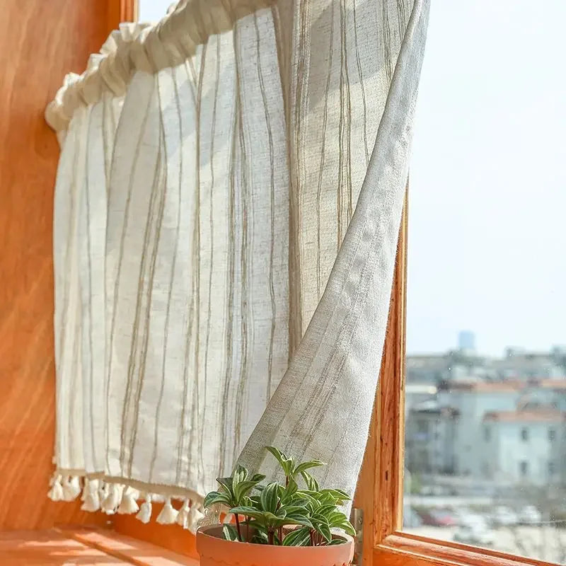 YOUMIKA  -  Boho Kitchen Curtain Farmhouse Cotton Linen Short Window Tier Curtain Natural with Tassels Cafe Semi-Transparent Home Decoration