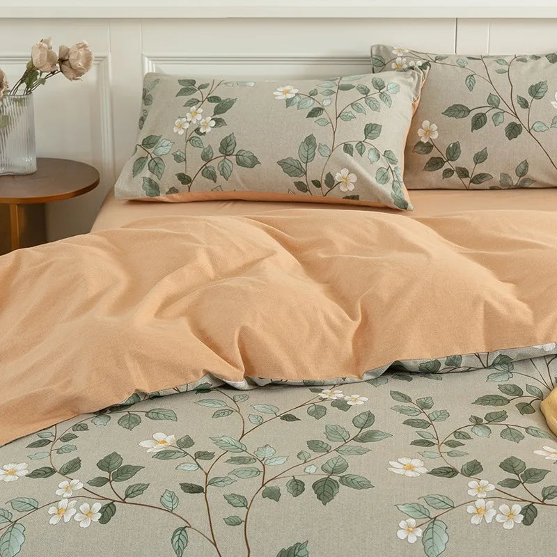 YOUMIKA  -  100% Cotton Brushed Green Branch Leaves Flowers Bedding Set Twin Double Queen Comforter Cover with Zipper Bed Sheet Pillowcases