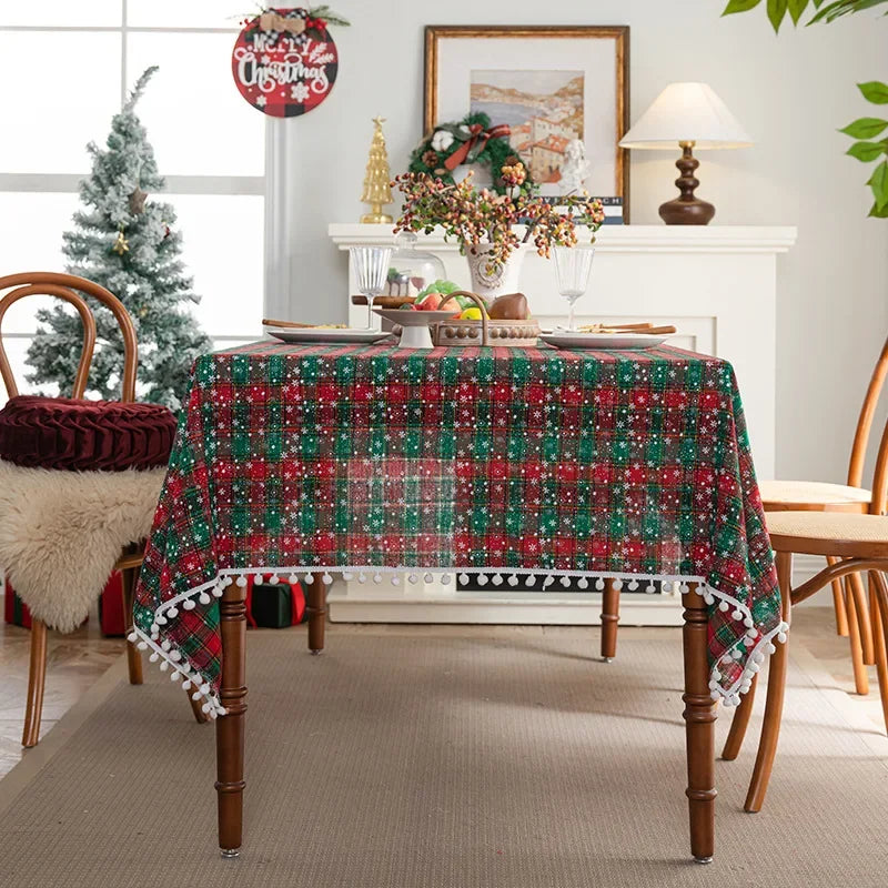 YOUMIKA  -  Christmas Tablecloth Green Plaid Snowflake Cotton Linen Rectangular Table Cover New Year Gifts Dining living room Table Decor