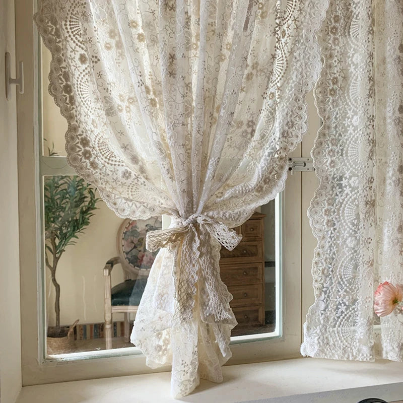 YOUMIKA  -  Romantic Beige Floral Sheer Curtain for Bedroom Kitchen Dining Room Decor Curtain Embroidered Voile Curtain Drape Rod Pocket Top