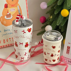 YOUMIKA  -  Original Super Cute Large Capacity Red Sweater Teddy Bear 304 Stainless Steel Straight Drinking Mouth Straw Insulated Cup