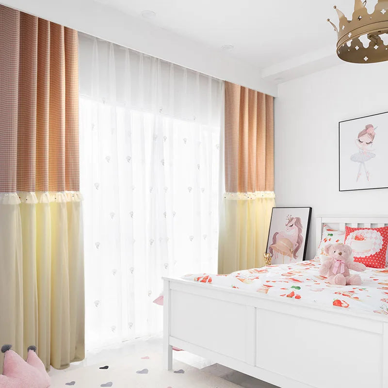 YOUMIKA  -  Fresh Korean Pink Lattice Blackout Curtains for Girl's Bedroom Pastoral Splicing Lace Cortinas Princess Fairy Window Drapes