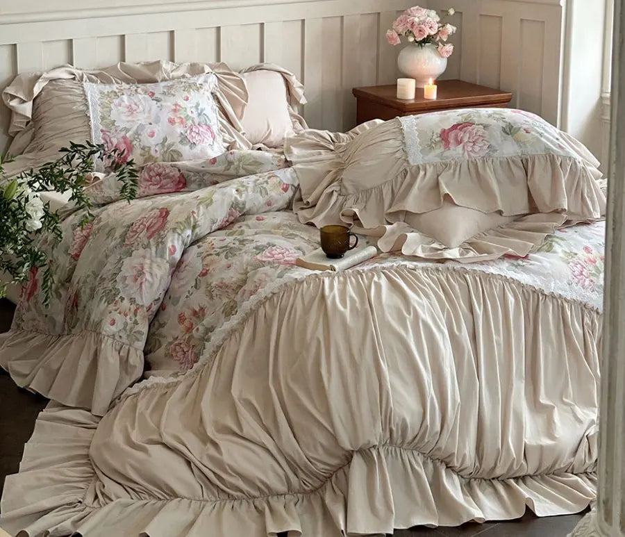 YOUMIKA  -  Elegant fairyfair ruffled pastoral flower bedding set,full queen king 100s cotton home textile bed sheet pillow case duvet cover