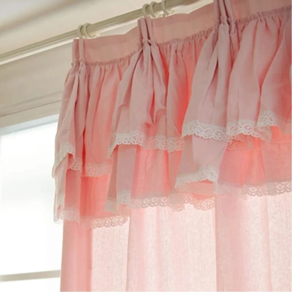 YOUMIKA  -  Korean Princess Pink Curtains with Lace Valance, 100% Cotton Fabric Fairy Curtain for Girl's Bedroom Eco-friendly Fabric Drapes