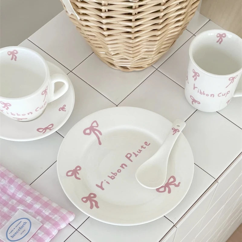 YOUMIKA  -  Korean Bow Ceramic Tableware Set Cute Breakfast Plate Afternoon Tea Tableware Dinner Plate Set