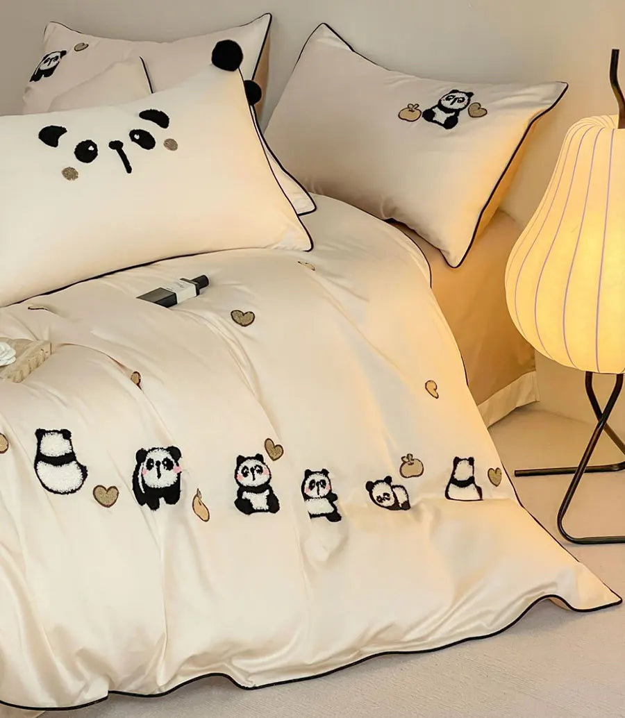 YOUMIKA  -  Cute embroidered panda bedding set single double teen,twin full queen king cotton home textile bed sheet pillow case duvet cover