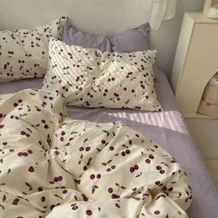 YOUMIKA  -  Ins Purple Cherry Bedding Set Twin Full Queen Size Bed Linen Girls Adults Flat Sheet Pillowcase Floral Comforter Cover NO Filler