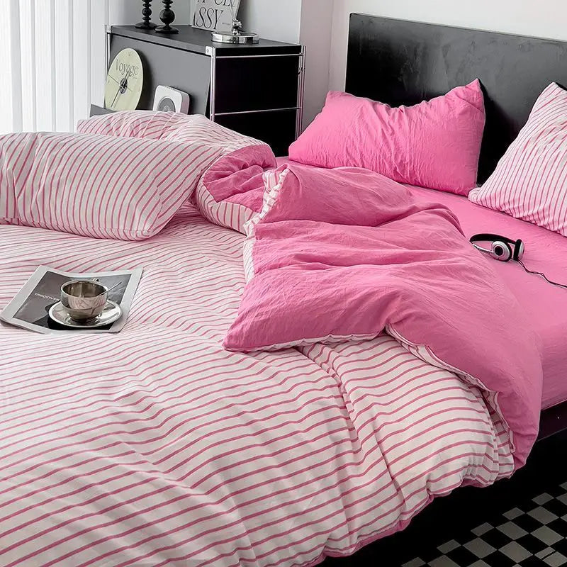 YOUMIKA  -  INS Nordic Style Solid Color Bedding Set Twin Full Queen Size Bed Linen Adults Kids Microfiber Pink Bed Flat Sheet Pillowcase