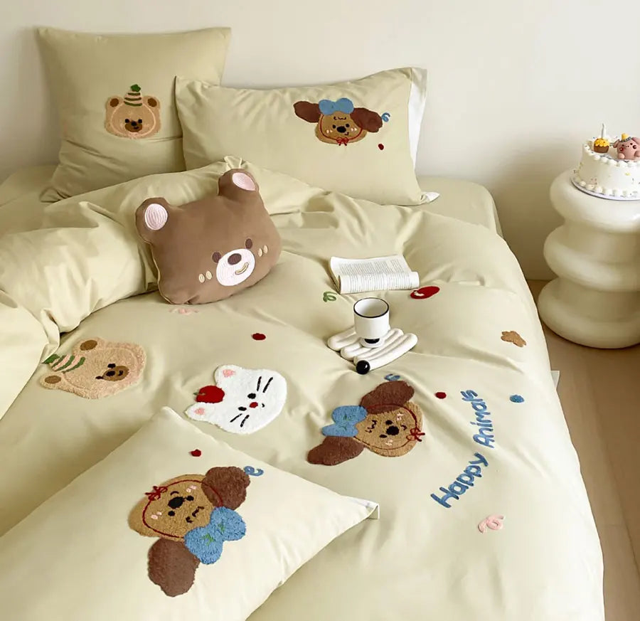 YOUMIKA  -  Fashion cute embroidery dog cat bear bed set 1.2 1.5 1.8,twin full queen cotton home textile bed sheet pillow case duvet cover