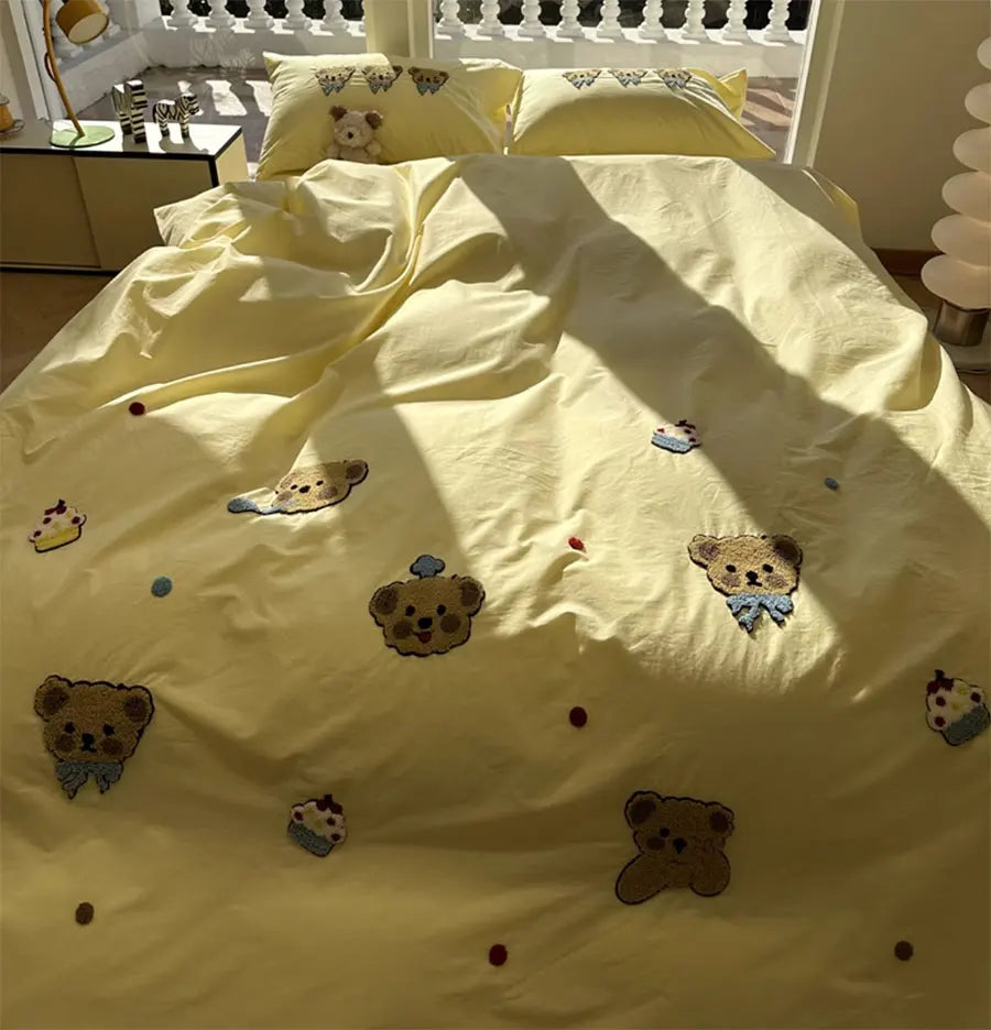 YOUMIKA  -  Cute embroidery bear yellow bedding set teen,twin full queen king kawaii cotton home textile bed sheet pillow case quilt cover