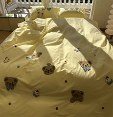 YOUMIKA  -  Cute embroidery bear yellow bedding set teen,twin full queen king kawaii cotton home textile bed sheet pillow case quilt cover