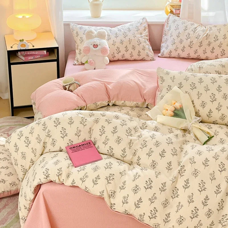 YOUMIKA  -  Ins Pink Floral Bedding Set For Girls Couple Double Size Flat Sheet Duvet Cover and Pillowcase Soft Bed Linen Home Textile