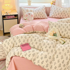 YOUMIKA  -  Ins Pink Floral Bedding Set For Girls Couple Double Size Flat Sheet Duvet Cover and Pillowcase Soft Bed Linen Home Textile