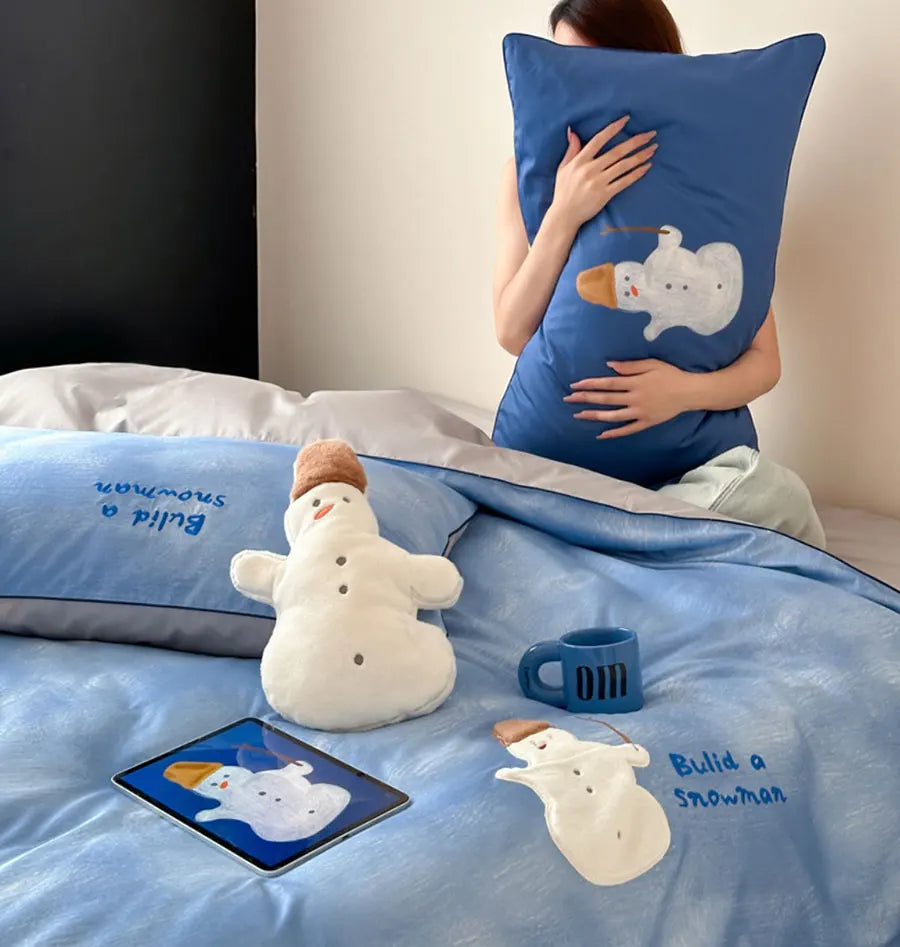 YOUMIKA  -  Cute cartoon snowman blue bedding set,full queen king lovely kawaii 100s cotton home textile bed sheet pillow case duvet cover