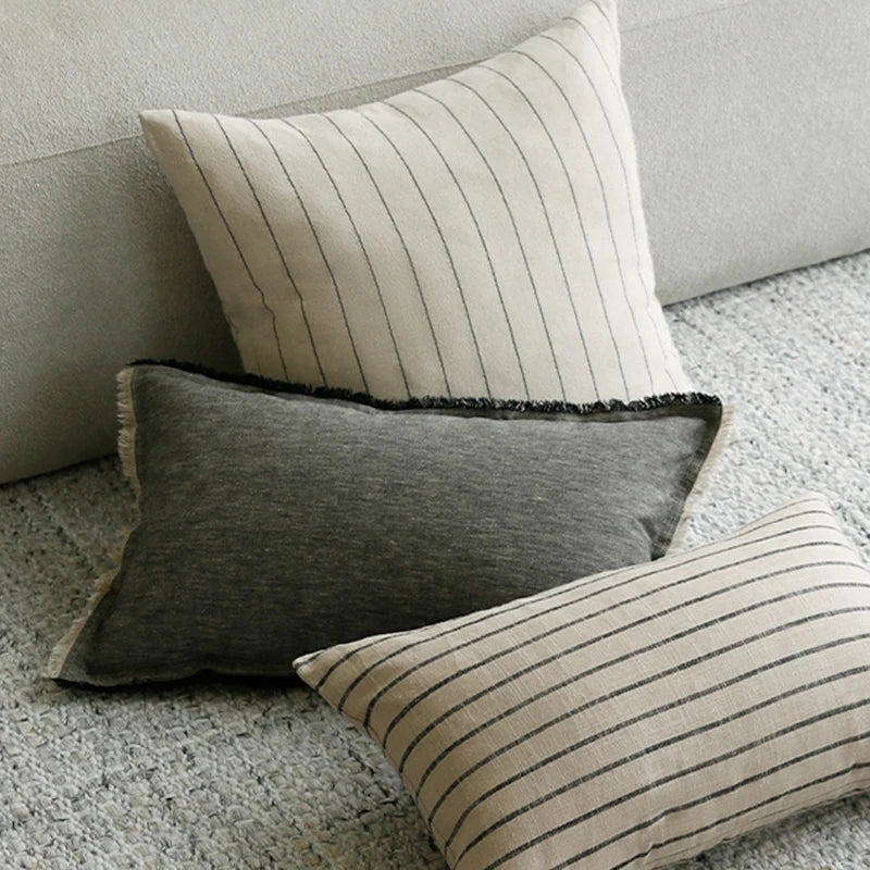 YOUMIKA  -  Farmhouse Throw Pillow Covers Modern Accent Square Decorative Pillowcase Stripes Textured Linen Throw Pillow Case for Sofa Couch