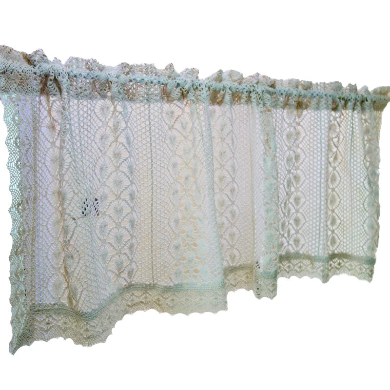 YOUMIKA  -  Handmade Crochet Valances Beige Macrame Kitchen Cafe Short Curtains Chic Hollow Window Treatment Panel for Living Room & Bedroom