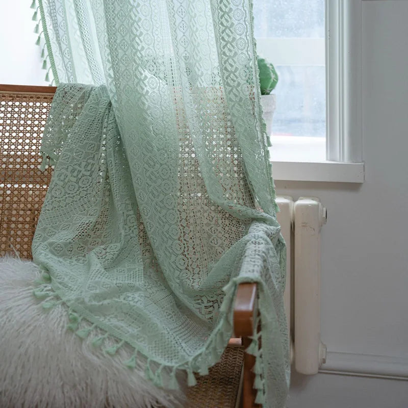 YOUMIKA  -  Farmhouse Cotton Crochet Lace Window Curtain 1 Panel with Tassels Rod Pockets Semi Sheer Hollow Curtains for Bedroom Living Room