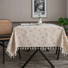 YOUMIKA  -  Cotton and linen tablecloth, green and red flower, American pastoral style, Braid tassels, cover for dining tables, wedding