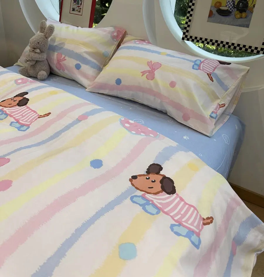 YOUMIKA  -  Cute Dog Puppy Stripe Polka Dot Pink Blue Yellow Bed Set,twin Full Queen Cotton Home Textile Bed Sheet Pillow Case Quilt Cover