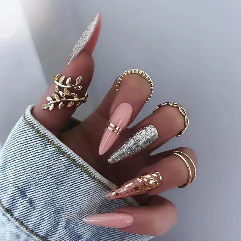 YOUMIKA  -  24Pcs Gradient Yellow Sequins False Nails with Almond Geometry Design Stiletto Press on Nails Long Wearable Fake Nail Tips