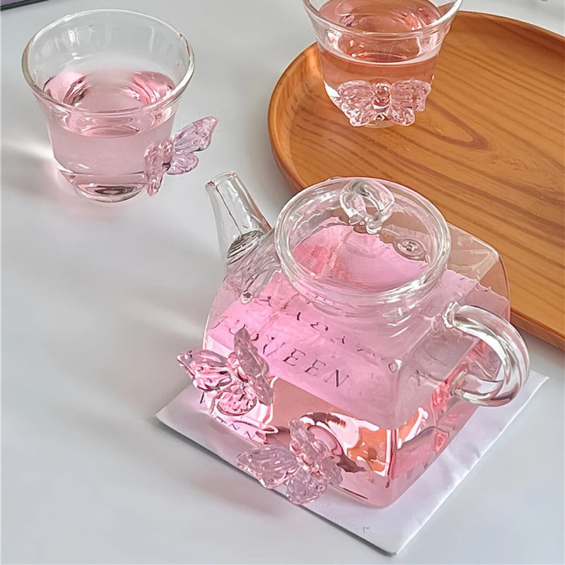 YOUMIKA  -  Glass Tea Set Pink Butterfly Elegant Kettle Teacup Tea Boiling Warm Wine Pot Home Party Tea Tasting Cup Holiday Warmhouse Gift