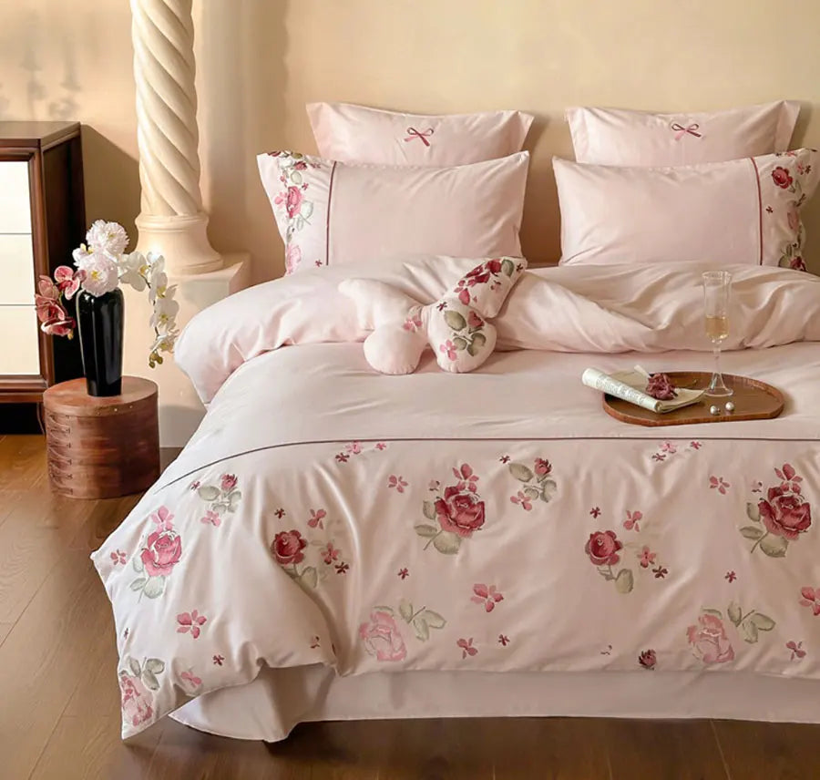 YOUMIKA  -  Romantic sweet embroidery flower rose red bedding set,full queen king 100s cotton home textile bed sheet pillow case duvet cover