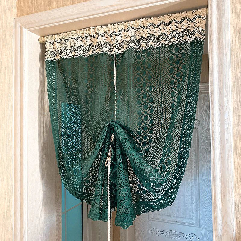 YOUMIKA  -  Boho Sheer Curtain Valance Crochet Lace Tie-Up Roman Balloon Curtain with Hollow Knitted Farmhouse Kitchen Cafe Window Treatment