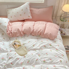 YOUMIKA  -  Romantic Tulip Pink Bedding Set Bed Flat Sheet Pillowcase Twin Full Queen Bed Linen Kids Girls Floral Duvet Cover No Filling