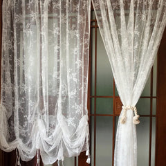 YOUMIKA  -  Lace Balloon Curtain Adjustable Tie-Up Window Curtain Embroidered Semi Sheer Floral Tulle Drapes for Living Room Bedroom 1 Panel