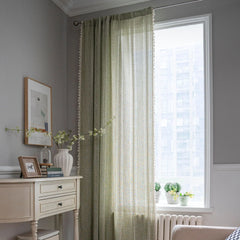 YOUMIKA  -  Polyester Green Transparent Curtains, Beige Line Curtain with Broom Tassels, Bedroom and Living Room