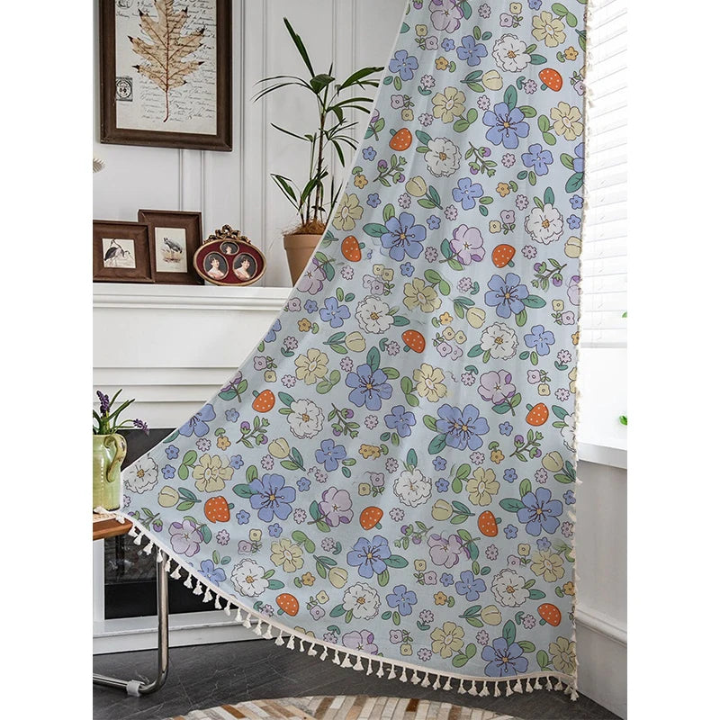 YOUMIKA  -  Flower Printed Cotton Curtains Rural Style For Bedroom and Living Room, American Pastoral Style, Window Curtains, Blue Green Red