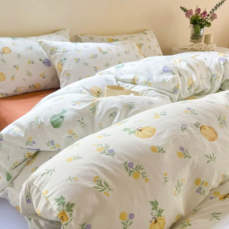 YOUMIKA  -  Simple White Duvet Cover Set with Pillowcases No Filling Pumpkin Floral Home Bedding for Adults Soft Washed Cotton Bed Linens