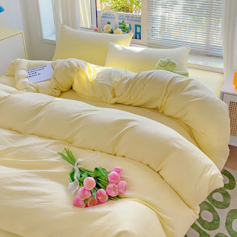 YOUMIKA  -  High Quality INS Style Solid Color Bedding Set Washed Cotton Bed Linen Yellow Duvet Cover Flat Sheet Pillowcase Girls Bedclothes