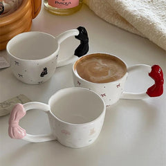 YOUMIKA  -  Creative Bow Handle Ceramic Mug Hand Drawn Bow Healing Cartoon Gift Cup Coffe Cup