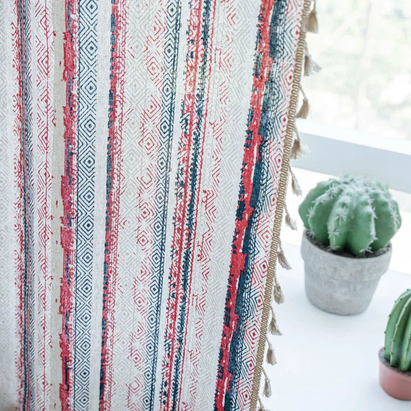 YOUMIKA  -  Boho Striped Printed Curtains Cotton Linen Blend Rod Pockets Farmhouse Tassels Window Treatments for Bedroom Living Room 1 Panel