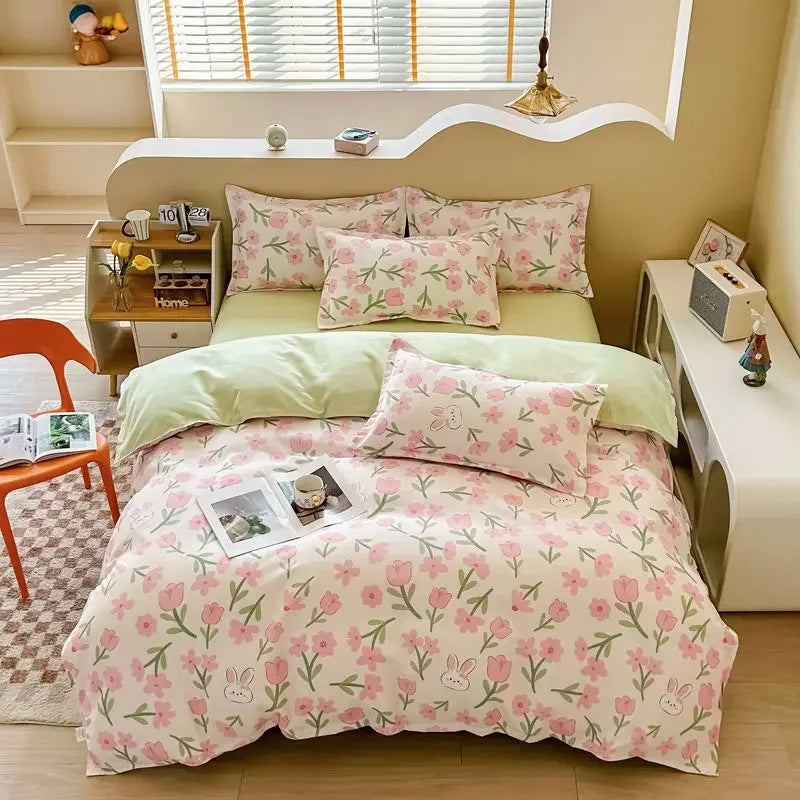 YOUMIKA  -  Pastoral Floral Bedding Set No Filler Soft Washed Cotton Duvet Cover Flat Sheet Pillowcase Full King Girls Adults Bed Linens