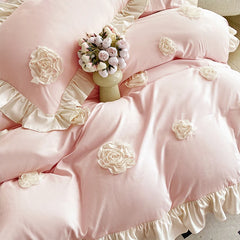 YOUMIKA  -  3Pcs Pink Korean Style Princess Lace Ruffles Skin-friendly Soft Flowers Embroidery Bedding Set Duvet Cover Set With Pillowcases