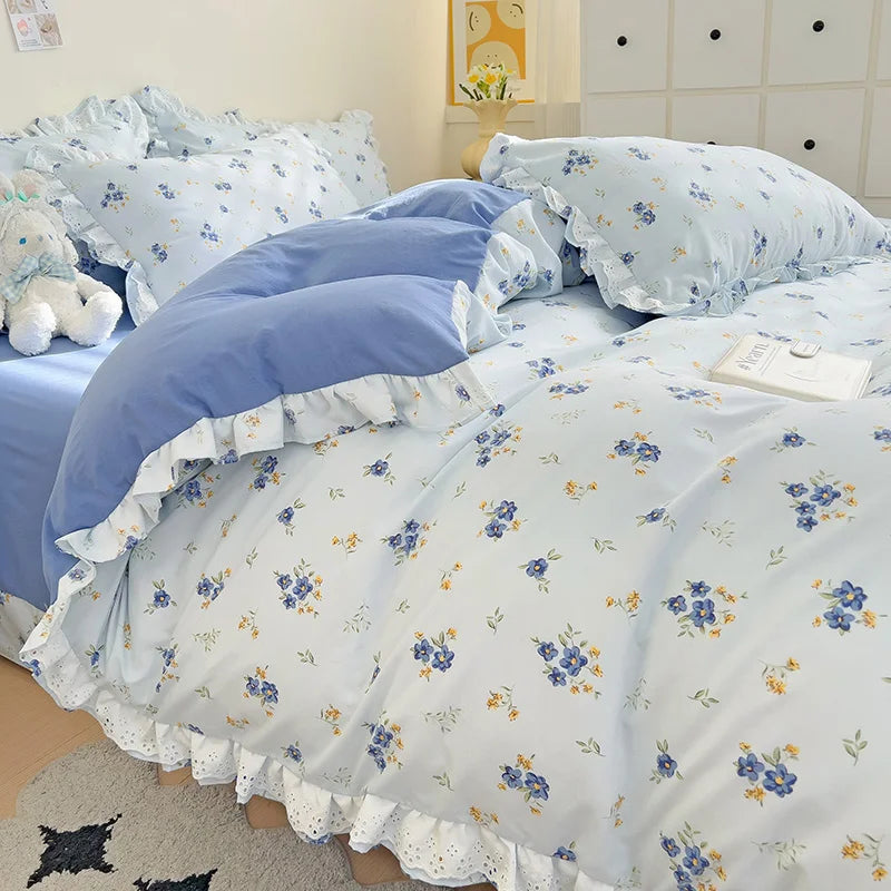 YOUMIKA  -  Ins Style Floral Duvet Cover Set Flat Sheet Pillowcases No Filling Queen 200x230cm Romantic Girls Blue Bedding Flower Bed Linens