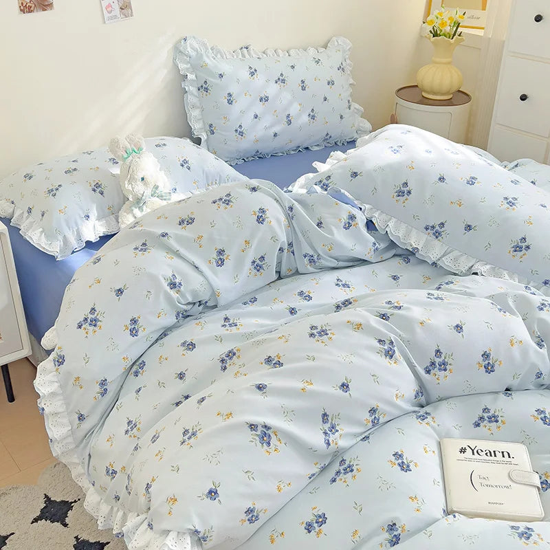 YOUMIKA  -  Ins Style Floral Duvet Cover Set Flat Sheet Pillowcases No Filling Queen 200x230cm Romantic Girls Blue Bedding Flower Bed Linens