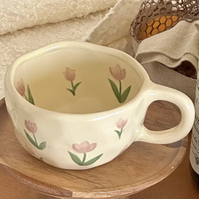 YOUMIKA  -  Vintage Rough Pottery Hand Drawn Korean Style Flower Bud Hand Pinched Ceramic Coffee Cup Breakfast Oatmeal Fruit Handle Cup