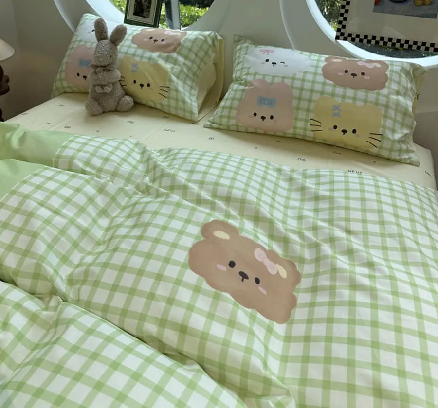 YOUMIKA  -  Cute cartoon rabbit cat bear dog bedding set,twin full queen green plaid cotton home textile bed sheet pillow case quilt cover